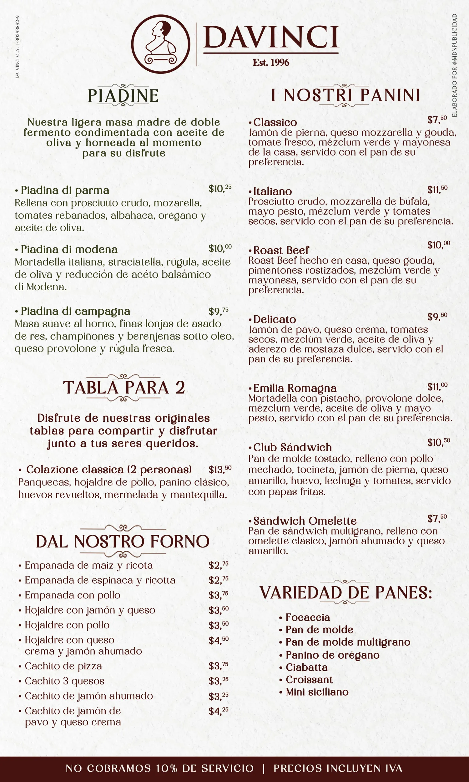 Da Vinci menu 2